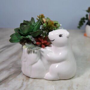 Small ceramic polar bear planter  w/Sola festive hand-painted Sola succulents